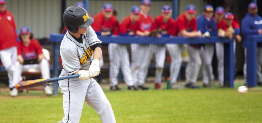 Caden McHatton takes a cut at a fast ball. Madill beat Durant 5 to 2 on March 29. Matt Swearengin