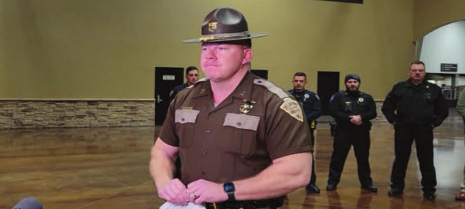 Oklahoma Highway Patrol Captain Scott Hampton briefed the media before the ride along. The OHP, Durant and Calera Police Departments did a joint effort to crack down on distracted drivers on January 20, 2022. Shalene White • The Madill Record