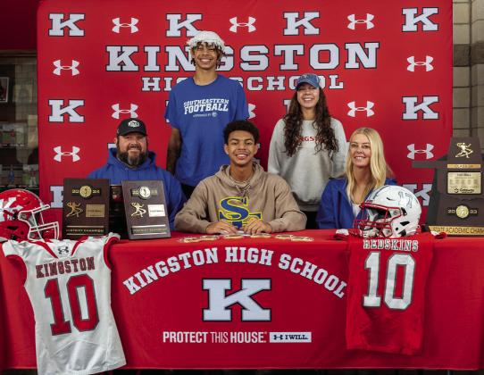 Courtesy photos Two Kingston High School athletes signed their letters of intent to play college football. Isaac Hahn, pictured left, signed to play for ECU. Sammy Walker, pictured in the middle, signed to play for SE.