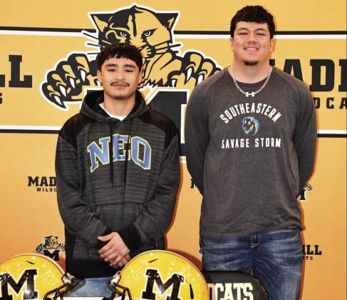 Two Madill Wildcats also signed their college letters of intent to play football. Uziel Flores, pictured left, signed to play for Northeastern Oklahoma. Gilberto Grimaldo, pictured right, signed to play for SE. Courtesy photos