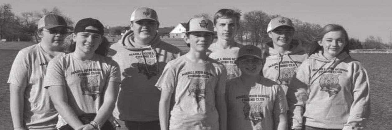 Madill Fishing Club members: Colton Hunt, Chance Whitman, Ben Perkins, Daniel Gambel, Colby Lambertson, Ben Hamilton, Eli Vinson, and Addy Miller. Members not pictured are Case Coble, Cory Merchant, Tommy McDonald, Brantly Maddox, Kaden Kemp, Cash Coble, Lee Parker, Eli French, Jahaziel Casas, Emily Austin, Tripp Mcray, Benjamin Perkins, Jesus Menchaca, Jose Menchaca, and Bridger Lott. Courtesy photo