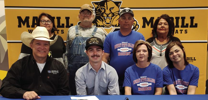 Holden McGahey signed with Murray State College and be on the rodeo team. Front row, left to right: Murray State rodeo coach Todd Smith, Holden McGahey, Christi McGahey and Lauren McGahey. Back row, left to right: Rae Ann Cook, Ray McGahey, Alvin McGahey and Dorothy Beal. Courtesy photo