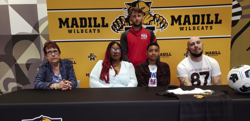 Sadie Stumblingbear signed up to play soccer for Murray State College. Front row, left to right: Tammie King, Jaclyn King, Sadie Stumblingbear and Tyler King. Standing, Murray State soccer coach John Connor. Courtesy photo