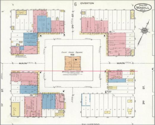 Sanborn Fire Map of the Madill Square from 1916. Photo courtesy of the United States Library of Congress