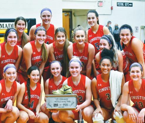 Both Kingston Basketball teams beat Madill in the game for the coveted shoe. Above: The Kingston Lady Redskins pose with their trophy. Aylin Salazar