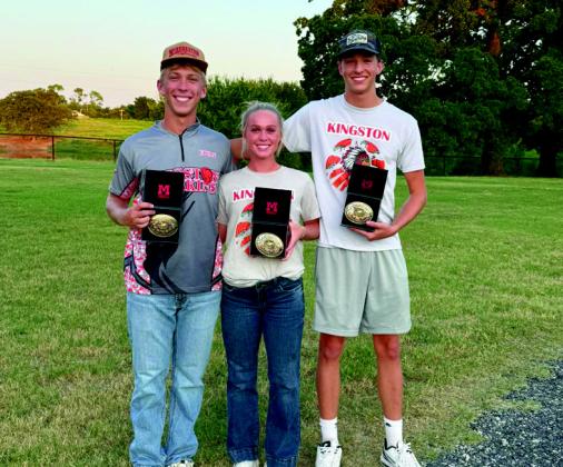 The Kingston High School Shooting Team attended the Bethel Shootout on August 23 and brought home buckles. Ewan Weaver, pictured left, won the Top High OverAll (HOA) for trap and sporting clays, Emma Bridgeman, pictured center, won Female High Sporting Clays and Ty Strecker, pictured right, was the Runner Up for HOA. Courtesy photo