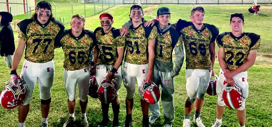 The October 12 game was unique for two reasons. It was a Thursday night game and was also Military Appreciation Night. The seniors from left to right are Luke Easley, Jon Erwin, Rhett Coble, Ryan Meek, Delton O’Steen, Aiden Donnell and Rafe Patterson. Courtesy photo