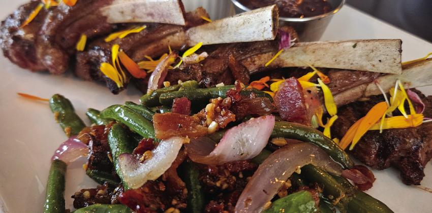 Top photo: lamb chops with bacon green beans. Bottom photo; Ahi tuna and roasted Jedi Chef Stryker