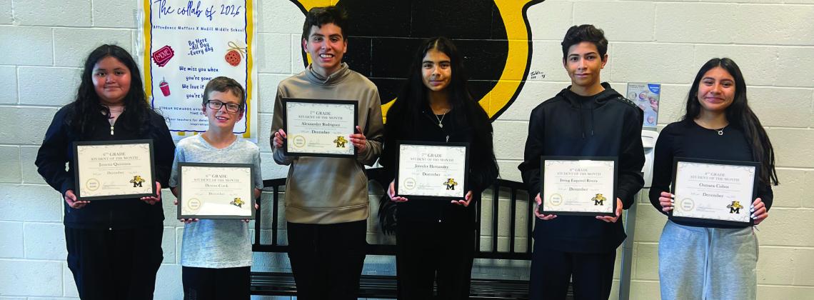 The Madill Middle School December Students of the Month are Jimena Quintana and Denim Cook, 6th grade; Jennifer Hernandez and Alexzander Rodriguez, 7th grade; Osmara Cobos and Irving Esquivel Rivera, 8th grade. Courtesy photo