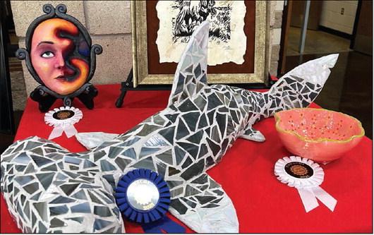 Courtesy photo Three KHS art students placed in the Tobachi Art Competition. Emmalin Litle took 1st place for her stained glass mosaic shark; Brooke Patterson took 1st place in Printmaking for her lino-cut on coffee stained paper and 3rd for her wheel-thrown ceramic bowl; Charlotte Calvert took 3rd place in mixed media for her air dry clay relief.