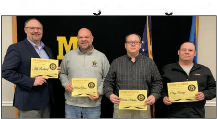 Madill Board of Education members received certificates of appreciation from Madill Superintendent Larry Case for their dedication to Madill students and public education in Oklahoma at their regular scheduled board meeting on January 9. Pictured left to right: Jeff Landgraf, Mark Glenn, Mike Mathis and Clay Savage. Not pictured is Shannon Williams. Leslie Mowles • The Madill Record