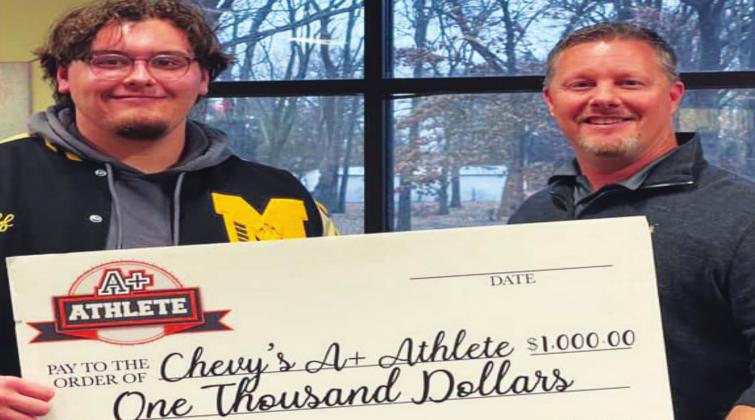 Griffon Williams, a Madill High School senior was presented with a scholarship from Tishomingo Chevrolet and Texoma Chevy Dealers for being named the A+ Athlete of the Week. Joel Northcutt of Tishomingo Chevrolet presented him the scholarship on January 20, 2021. Courtesy photo