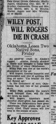 A 1935 issue of The Madill Record reported the crash that claimed the lives of Wiley Post and Will Rogers. Courtesy photo