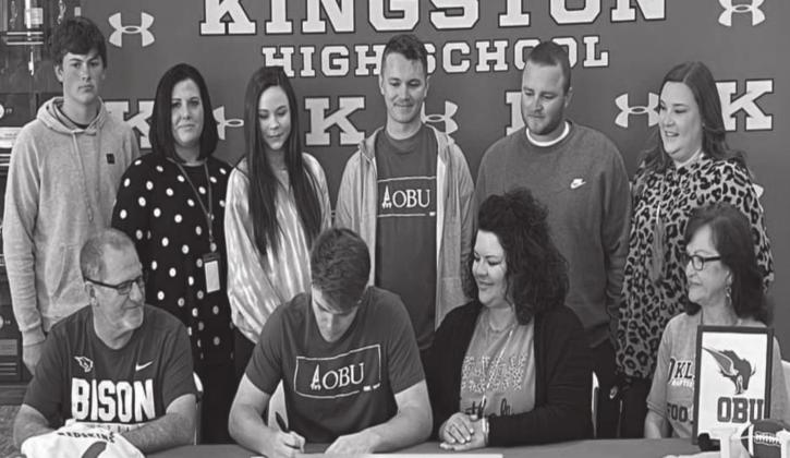Jase Hayes signed his letter of intent to play football for Oklahoma Baptist University on April 1, 2021. From left to right: Brett Hayes, dad, Jase Hayes,, KIla Hayes, mom, and Imogene Kinsey, grandma. From left to right in the back: Jacoby Jackson, cousin, Teresa Golden, aunt, Bethany Beebe, sister-in-law, Paden Hayes, brother, Jared Hayes, brother and Sasha Hayes, sister-in-law. Courtesy photo