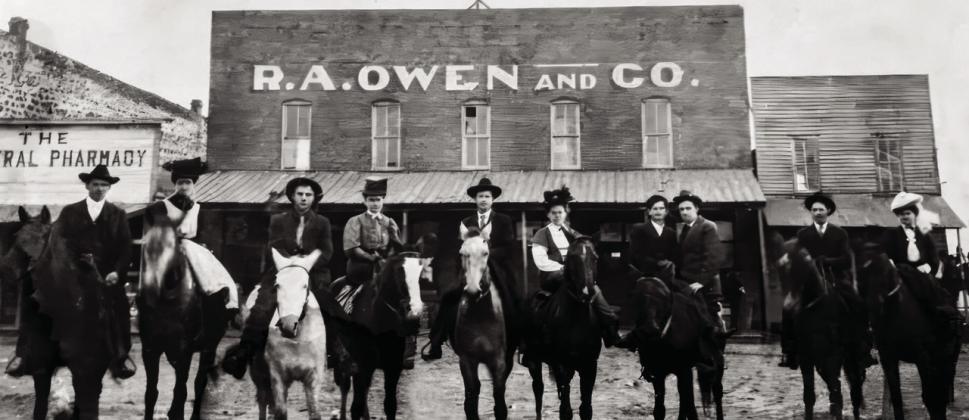 From right to left, Bob Stiff, Ruby Marsh, Row Tinkle, Kate Tinkle, Walter Hicks, Clara Tinkle, Ed McCain, Monroe Ayres, Morris Howell and Jimmy Marsh celebrate the birthday of Oklahoma. The town threw a big birthday party to celebrate one year of statehood. Courtesy photo