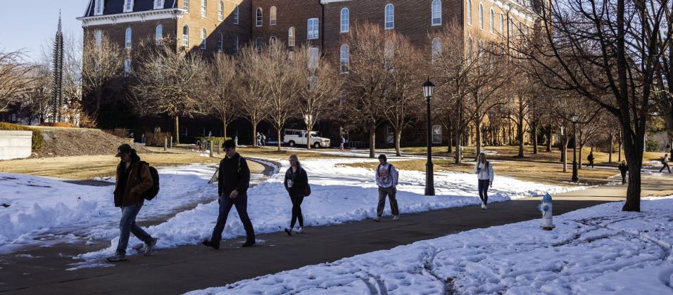 Snow blanketed the University of Arkansas in Fayetteville the week before spring 2025 classes began. Fulbright College ofArts and Sciences is home to more than 8,000 students who study and conduct research across the arts, humanities, sciences, and social science disciplines. Courtesy photo
