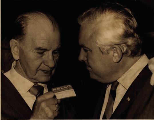 An Oklahoma Times newspaper shows Wilburn Cartright, left, congratulates primary opponent, David Hall. Courtesy of the Oklahoma Historical Society