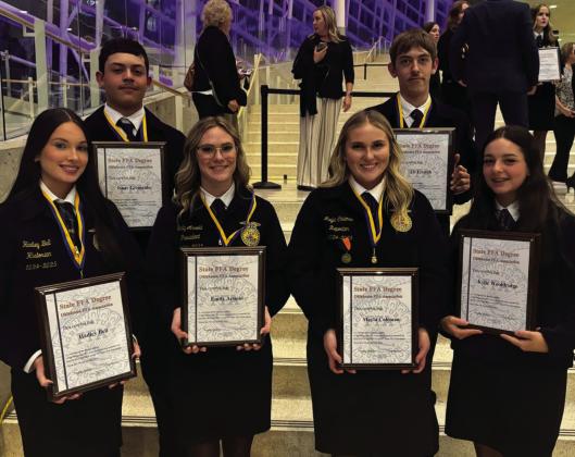 Left: Murphy and Walls pose with their awards and prizes. Right: Hadley Bell, Isaac Grimaldo, Emily Arnold, Mayla Coleman, Eli French and Kylie Wooldridge all received their State FFA Degree. Courtesy photos