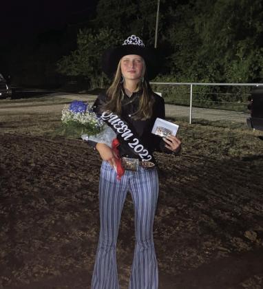 Addison Shelton, left photo, was crowned the 76th Annual Madill Roundup Rodeo Queen on August 19. Top photo from left to right:Timber Gastineau, Kj Futrell, Addison Shelton, Gentry Thompson (last year's Queen) and Brinlynn Dodd. Courtesy photos