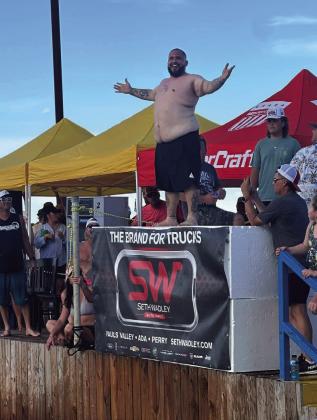 Courtesy photos Alberta Creek Marina held the 1st Annual Belly Flop contest on September 1.The winner, far top left, won $150.