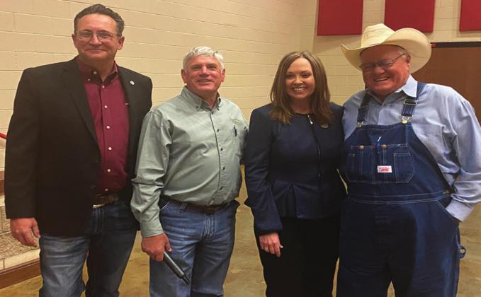 County Commsisoner and State House District 49 candidate Josh Cantrell, County Commissioner Chris Duroy, Oklahoma State Auditor Cindy Byrd, and County Commissionerr Don "Salty" Melton attended the Marshall County Economic Development Authority meeting on March 4, 2022. Summer Bryant • The Madill Record