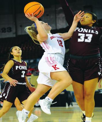 Emi O’Steen goes in for a layup during the Lady Redskins season-ending game against the Lady Ponies. Crocket Uber