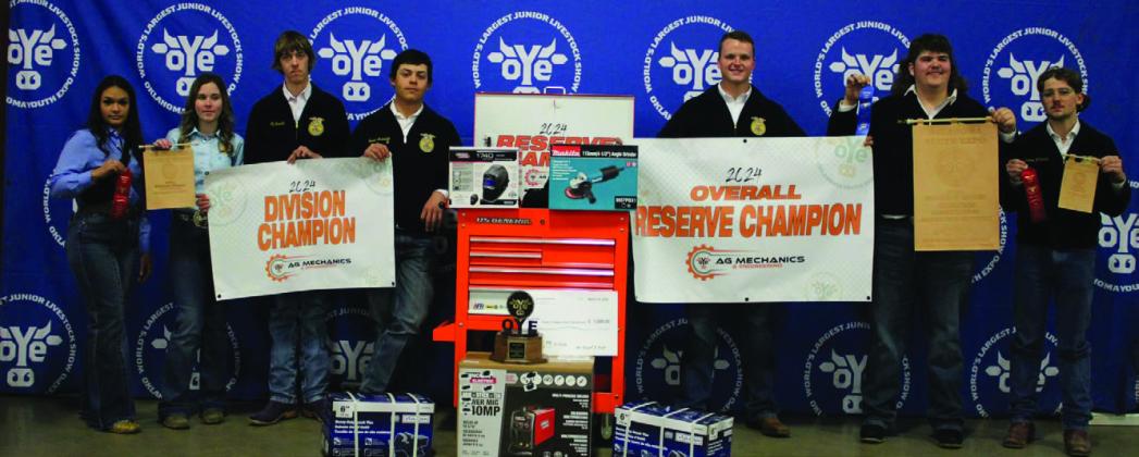 Madill FFA attended OYE on March 22. Tyce Pruitt's trailer was the Showmanship winner in Outdoor Recreation; Grace Hartin's fire pit won first in Class; Abby Whitehead and Luz Gomez's picnic table won second in class and fifth in the division; Chance Whitman, Eli French and Isaac Grimaldo took second in class with their trailer. Courtesy photo