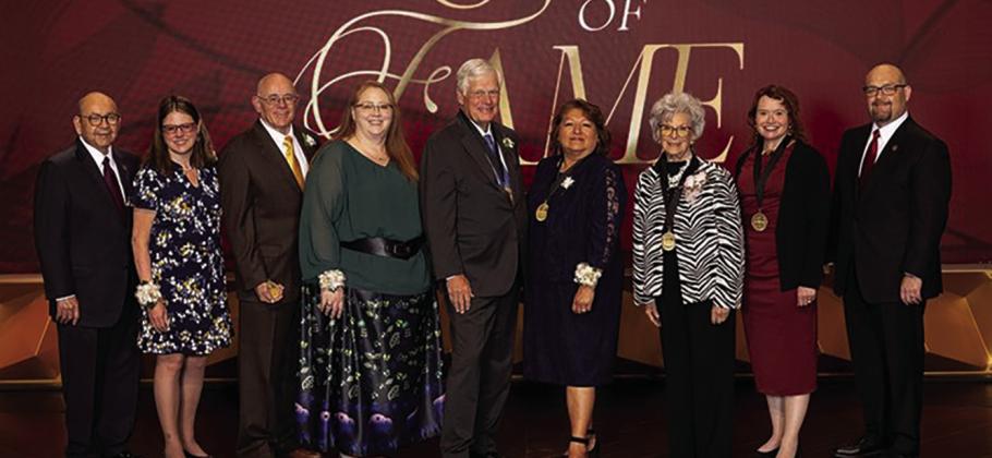 Chickasaw Nation Governor Bill Anoatubby, far left, is shown with relatives of honoree Benjamin Horace Colbert and Chickasaw Hall of Fame inductees following Thursday’s ceremony at McSwain Theatre. They include, from left, Colbert’s great-granddaughter Michelle Cooke, grandson Clarence Maxwell Scaggs, and great granddaughter Shanon Hathaway with honorees Carl Edwards, Sue Fish, Linda Briggs and Amanda Cobb-Greetham, and Chickasaw Nation Lt. Governor Chris Anoatubby. Courtesy photo