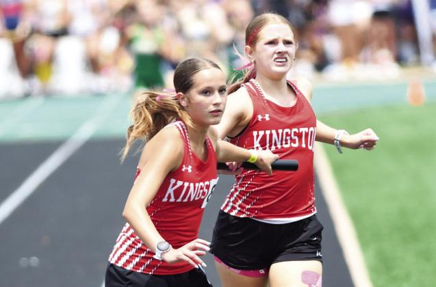 Logan Stephens, pictured left and Koewyn Young, pictured center, were part of the 800 relay team (along with Hudson Everhart and Kelly Gray) that took bronze. Layla Thompson and Daisy Avery, pictured right, compete in the 4x800 relay. Brian Blansett