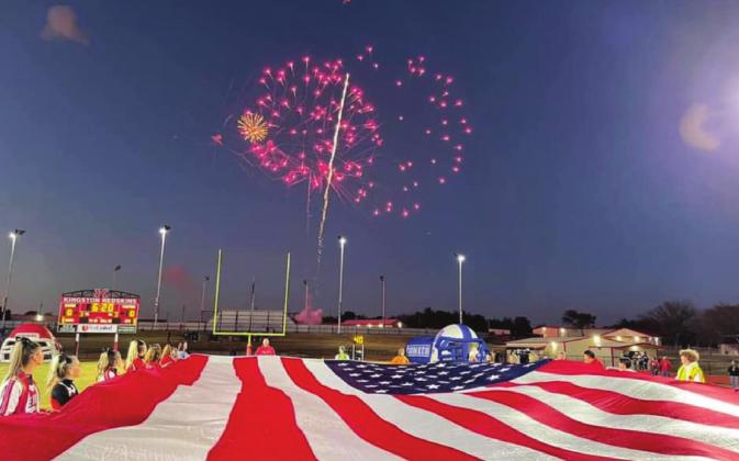 Photo by James Elmore The Kingston Redskins held an American Flag ceremony with fi reworks for the Senior Night game against Dickson on November 5, 2021. The Redskins beat Dickson by a landslide with a score of 62-12.