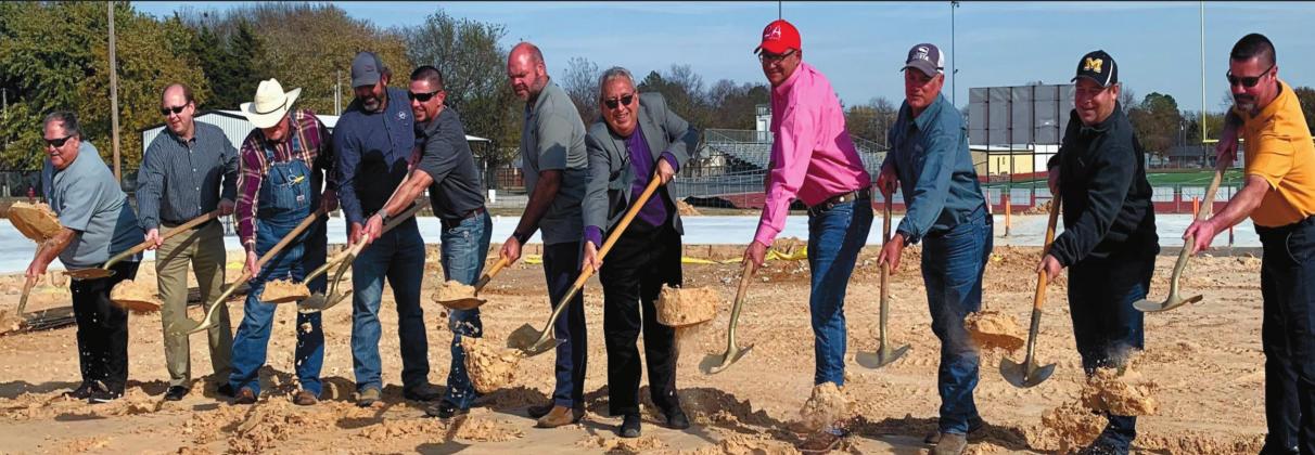 Participating in the day were athletic director Bink Stafford, school board member Mike Mathis, county commissioner Salty Melton, MacHill construction superintendent Jory Whitlock, project manager Michael Barnes, school board member Mark Glenn, MPS superintendent Larry Case, county commissioners Josh Cantrell and Chris Duroy, school board member Clay Savage, and city manager James Fullingim. Amy Ortloff