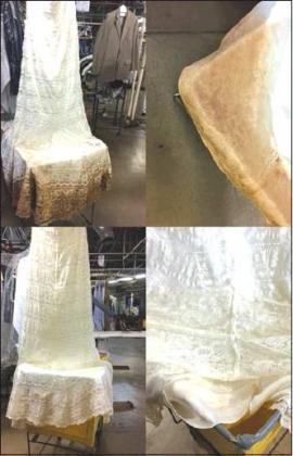 Courtesy photo • Dino’s Cleaners Before and after photos of a white wedding dress that went through muddy waters.