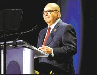 Courtesy Photo Chickasaw Nation Gov. Bill Anoatubby reports the state of the Chickasaw Nation is “strong because the people are strong” during his annual address Oct. 5 at the Chickasaw Nation Annual Meeting at Murray State College in Tishomingo. Annual Meeting caps off a week of Chickasaw events and celebrations during the Chickasaw Nation Annual Meeting and Festival.