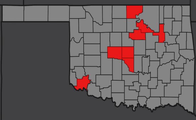 An area map denotes positive COVID-19 tests in Oklahoma. So far, Marshall County and surrounding counties have no positive cases. Courtesy photo