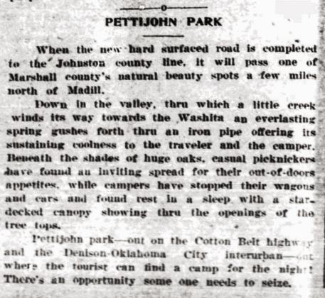 The April 19, 1923 issue of The Madill Record discussed the completion of Pettijohn Park. Courtesy photo