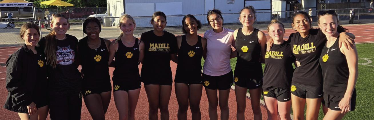 Madill High School hosted the Regional Track Meet on April 29. Madill girls team (l-r): Hannah Elkins, Korlee Cunningham-Martin, Storm Holmes, Emma Edwards, Yailin Serrano, Starr Holmes, EsperanzaHernandez,Yadira Barbosa Zeplyn Thomas, Onelia Stumblingbear and Codie Shaw. Courtesy photo