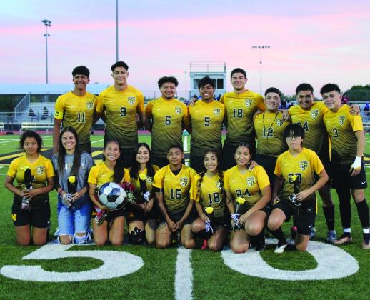 The Madill boys’ and girls’ soccer teams held senior night onApril 24. Bottom row (l-r):Amada Ibarra, Alondra Moreno, Suzette Lopez, Cherisse Lehr, Sadie Stumblingbear, Florydalia Valeriano, Linet Herrera and Camila Hernandez. Top row (l-r): Rodrigo Villegas, Yovanny Robles, Sammy Trevino, Dilan Ortiz, Cesar Moreno, Victor Moreno, Miguel Garcia and Sergio Hernandez. Summer Bryant