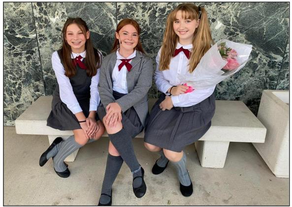 Three Kingston Middle School students performed in Matilda, Jr. at the Ardmore Little Theater on June 26. From left to right: Cassie McAlister, big kid #2; Madison Zaber, Matilda; and Montana Hightower, big kid #1. Courtesy photo