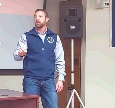 Shalene White • The Madill Record Congressman Markwyane Mullin updates constituents on the ongoing impeachment inquiry against President Donald Trump at a town hall Nov. 7 in Durant. The inquiry moved to a public phase earlier this week.
