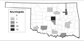 The top map displays the number of adult neurologists across Oklahoma’s counties while the bottom map shows the distribution of pediatric neurologists. Data compiled from the website of the Oklahoma State Board of Medical Licensure and Supervision.
