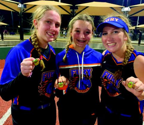 Madill Varsity Softball players, Dahlia Marris, Ireland Groeber and Lauren Campbell brought home a championship title at the 16U BSP Season Opener Bash in Midwest City on March 4. The girls play for the Oklahoma Fury 2K7. Courtesy photo