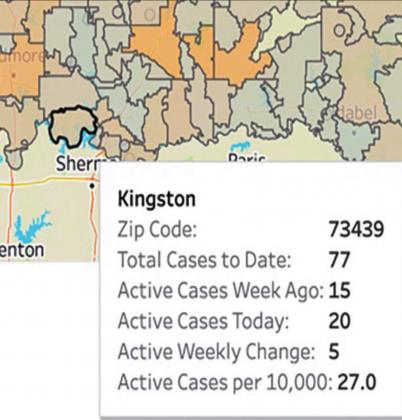 An interactive map shows recent numbers of positive cases in Madill and Kingston. The two above maps shows numbers from October 9, 2020. (Paul Monies/Oklahoma Watch).