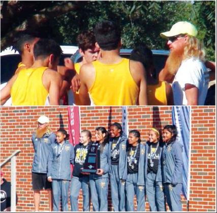 Courtesy Photos Madill head cross country coach Cale Eidson is pictured in the top photo with members of the Wildcats boys team. Eidson (left) stands with the Lady Wildcats after their second place finish at the Oct. 26 state meet.