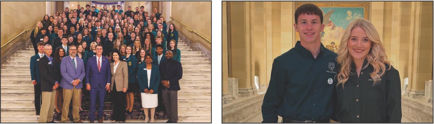 Jackson Harper and Zoey Goff, both pictured right, along with multiple Oklahoma 4-H students visited the state Capitol for the 27th annual 4-H Day at the Capitol. They met with legislators and learning how state government works. The students also shared their experiences, heard from state leaders and watched as a resolution declaring April 22, 2026, as 4-H Day at the Capitol was read in both the House and Senate. Courtesy photos