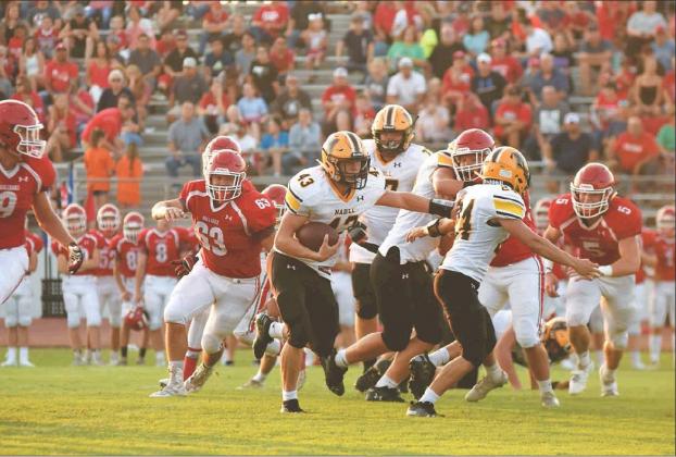 Dibbon Marris • The Madill Record Madill senior fullback John Venable carries the ball during a play early in the Sept. 6 game at Sulphur. Although Venable and the Wildcat offense showed improvement, the host Bulldogs managed to win the Week 1 game by the score of 49-21.