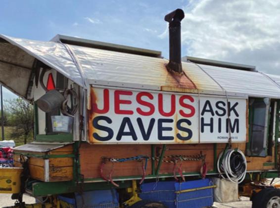 Randy Boehmer’s mules pull his wagon sharing the gospel with anybody who wishes to hear it. Tom Stewart