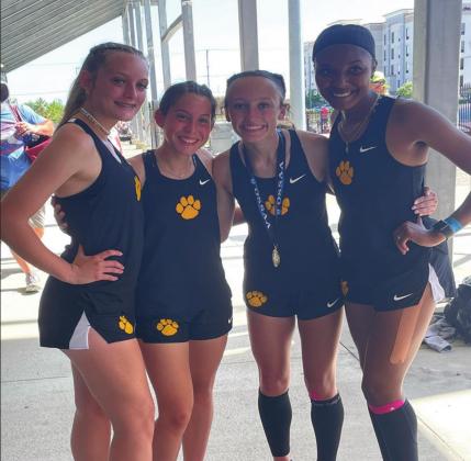 Korlee Cunningham-Martin, Hannah Elkins, Kaytleigh Davis and Joslyn Stumblingbear placed 7th in the 400m relay in the 4A State Track Meet on May 6 and 7, 2022. Summer Bryant • The Madill Record