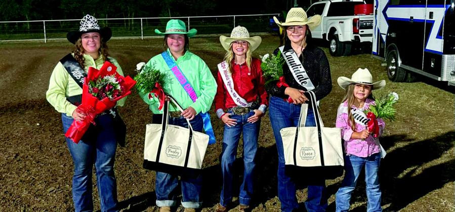 The 2025 Madill Round-Up Rodeo Queen, Bri Harkins, with Checotah Blood (candidate), Brinlynn Dodd (2024 Madill Round-Up Rodeo Queen), Paisley Dean (candidate) and Reece Gay (candidate). Courtesy photo