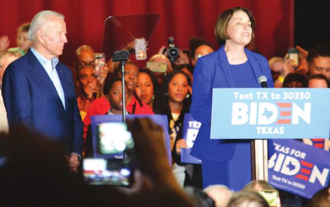 Senator Amy Klobuchar (D-Minnesota) endorses former vice president Joe Biden and talks to supporters during a rally March 2 at Gilley’s Dallas. Matt Caban • The Madill Record