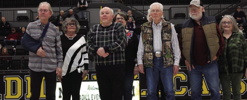 The 1960 Madill basketball team was honored at the Madill High School basketball homecoming game. From left to right: David Ragland, Judy Smiley (wife of late Pat Smiley), Bob Walker, Dianne Walker, Lucy Cox, Lowell Cox, Logan Beard and Mary Lou Beard. Courtesy photo